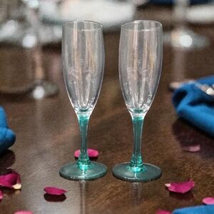 Luminarc Teal Champagne Flutes, Set of 2, Vintage Aqua Stemware Toasting Glasses